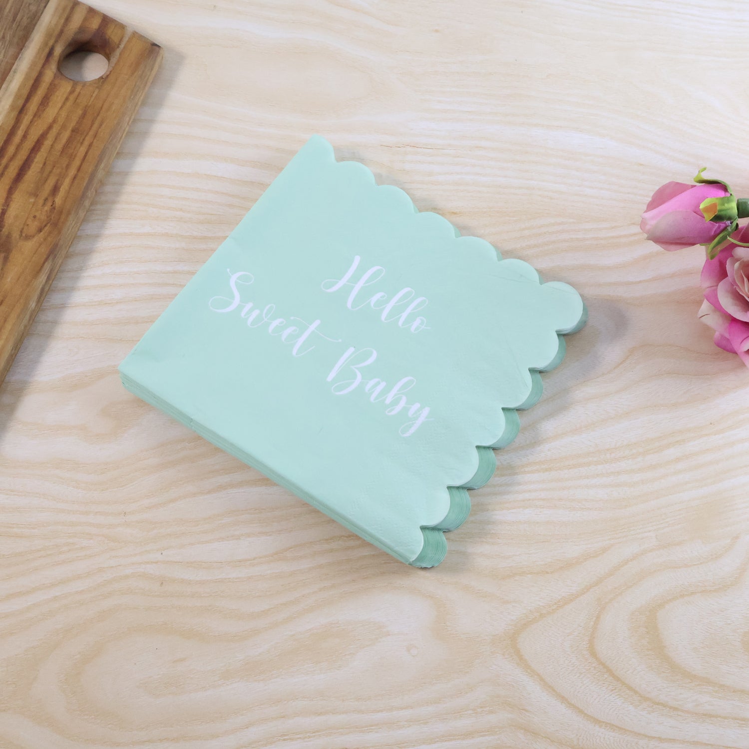 Hello Sweet Baby Party Paper Napkins | 24 Pcs Disposable Soft Tissue Napkins with Scalloped Edges | 31x31 cm Mint Green Table Napkins for Baby Shower, Birthday and Celebration Décor