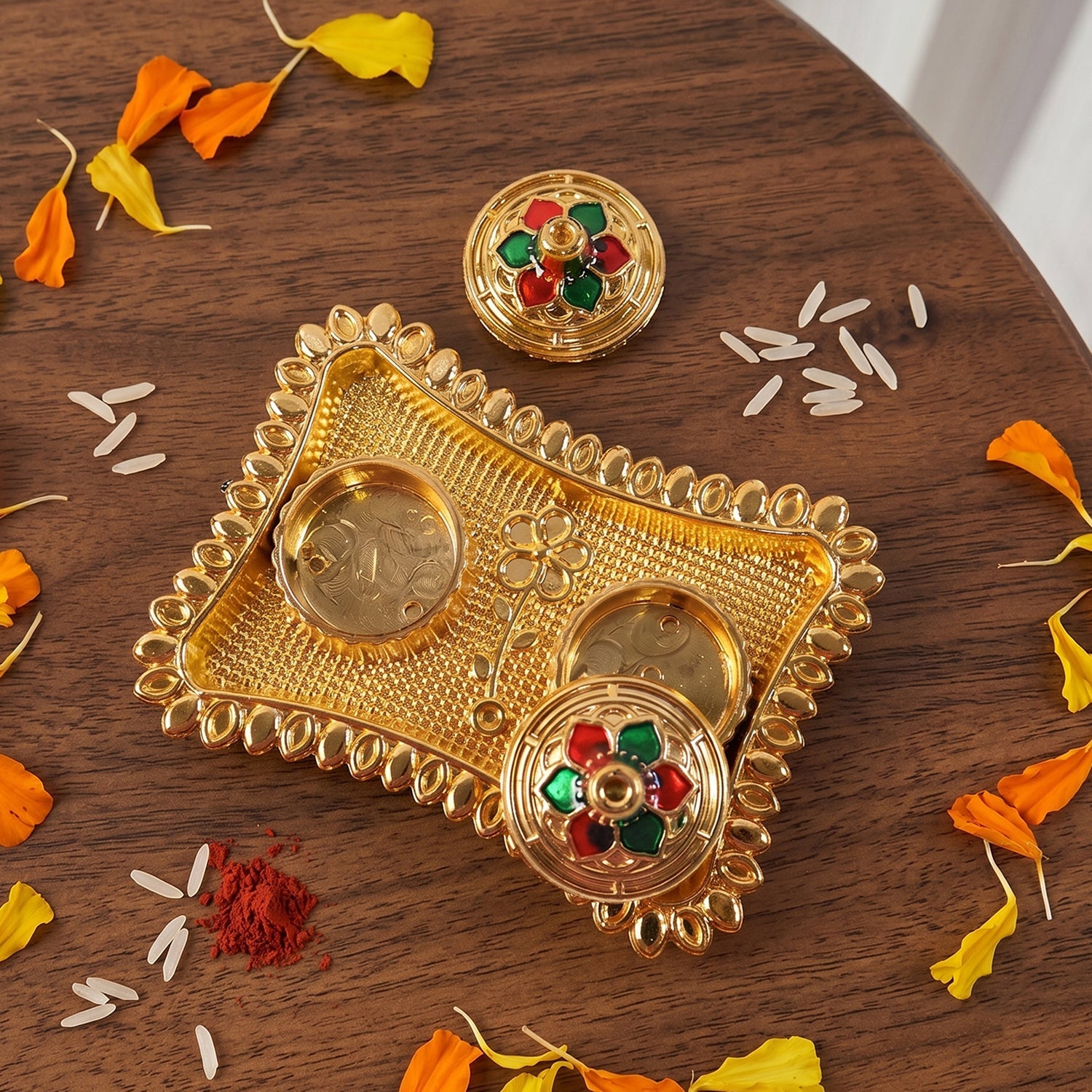 Meenakari Kumkum Holder Golden Metal Double Compartment Pooja Box with Floral Lid for Kumkum Haldi Roli Chandan and Akshat (1 Pc)