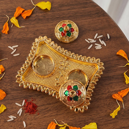 Meenakari Kumkum Holder Golden Metal Double Compartment Pooja Box with Floral Lid for Kumkum Haldi Roli Chandan and Akshat (1 Pc)
