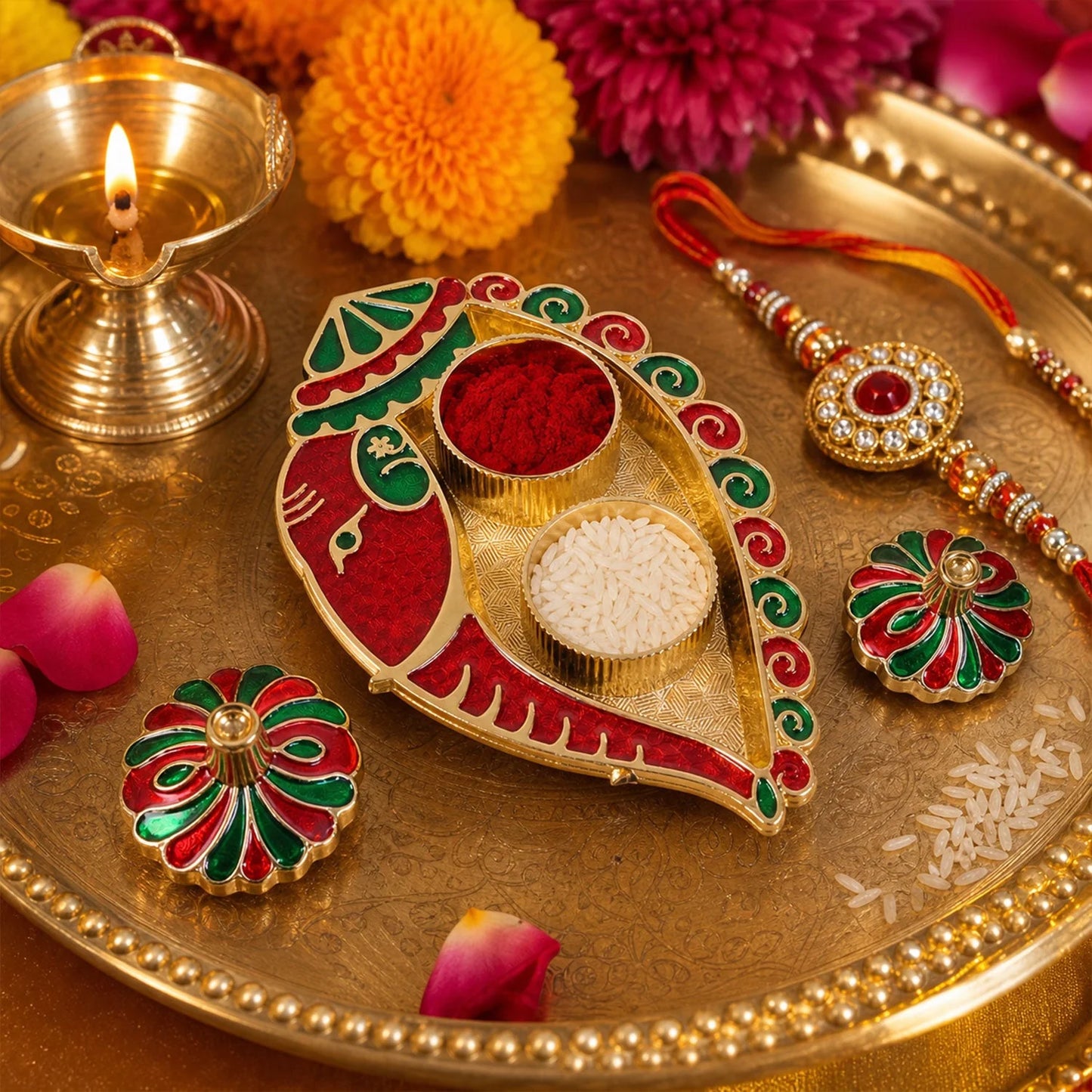 Leaf Shaped Kankavati Kumkum Holder, Decorative Golden Roli Chawal Box with Lidded Containers for Puja, Tilak, Home Temple and Festive Rituals (1 Pc)