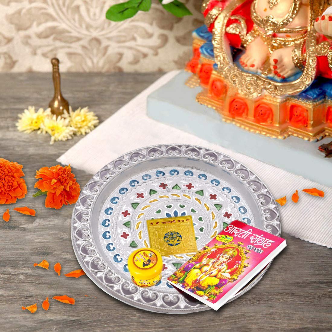 Silver Plated Pooja Thali Decorative for Temple, Festivals, Daily Worship and Gifting (31 cm)