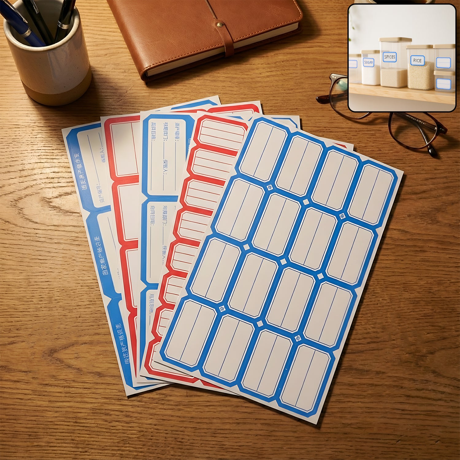Multipurpose Writable Storage & Organizer Label Stickers Sheets for Kitchen Containers, Jars, Bottles, Office Files and Home – Self-Adhesive (5 Sheets Set)