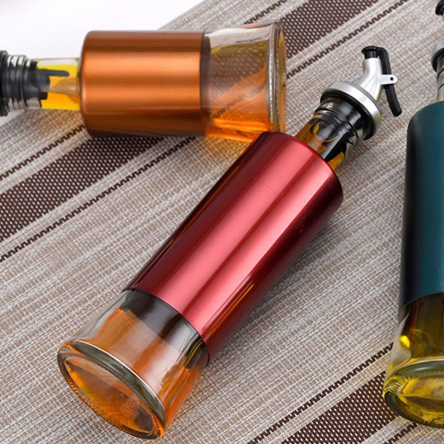 Glass Oil Dispenser with Plastic Covering, Oil and Vinegar Bottle, Multicolour with Golden Pour Spout (300 ml)