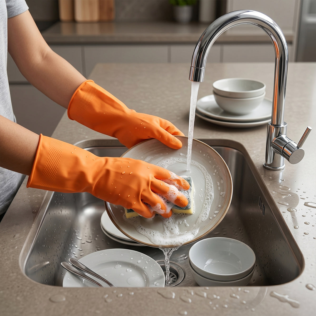 Medium Victor Orange Rubber Cleaning Gloves for Dishwashing and Household Cleaning, Reusable Waterproof Gloves for Kitchen, Bathroom and Daily Chores (1 Pair)