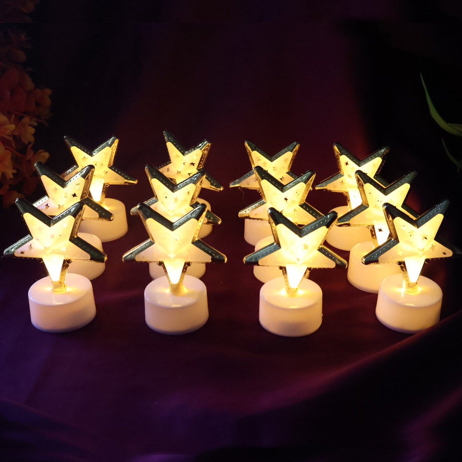 Set of 12 Star Shaped Flameless LED Candles Battery Operated Flickering Decorative Lights for Home Decor Festivals Weddings Parties and Special Events