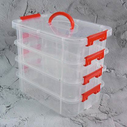 4 Layer Transparent Plastic Storage Box with Handle Stackable Modular Organizer Container for Jewelry Beads Tools Sewing Accessories Hardware and Stationery (1 Pc)