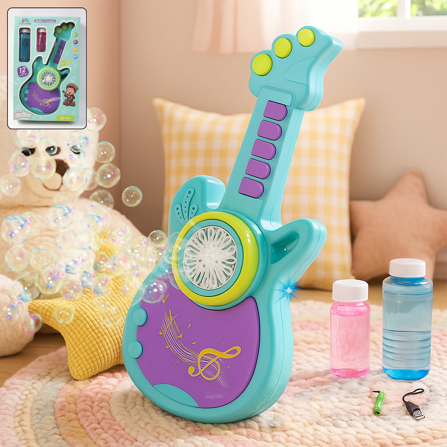 Electric Automatic Guitar Shaped Bubble Machine for Kids Battery Operated Bubble Maker Toy with Soap Solution Durable Bubble Blower for Indoor Outdoor Play Birthday Parties and Kids Activities (1 Set)