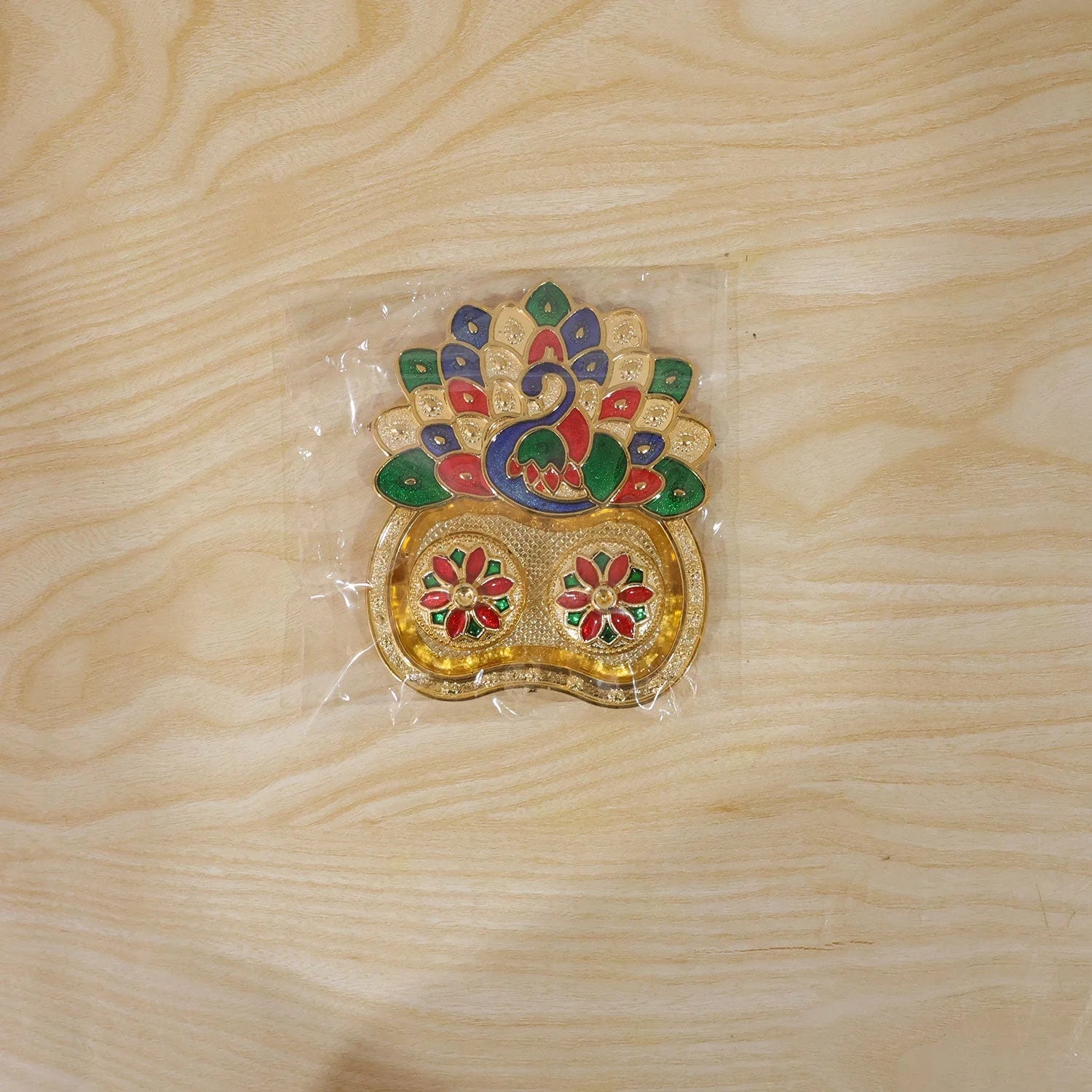 Peacock Shaped Kankavati Kumkum Holder, Decorative Golden Roli Chawal Box with Lidded Containers for Puja, Tilak, Home Temple and Festive Rituals (1 Pc)