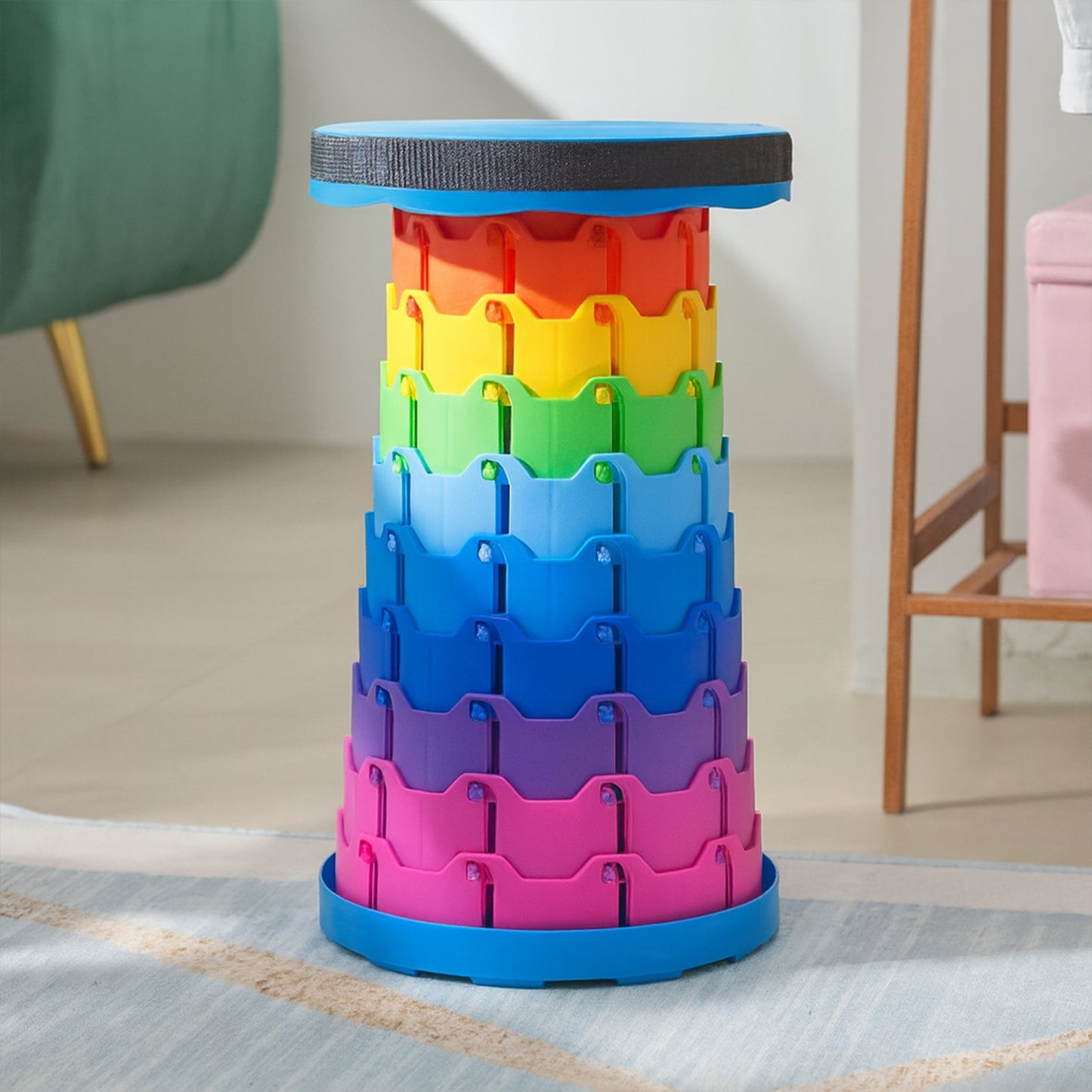 Portable Telescopic Folding Stool – Adjustable Height Collapsible Travel Chair with Carry Strap for Camping, Picnic, Fishing, Outdoor and Home Use (Rainbow Design)