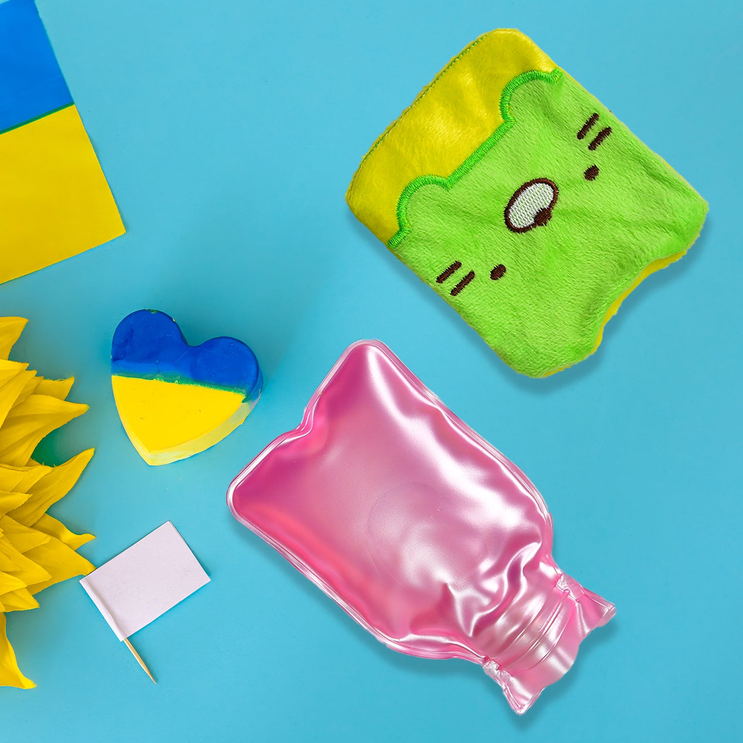 Green Kitty Small Hot Water Bag with Soft Cover – Portable Natural Rubber Heat Therapy Bottle for Pain Relief, Menstrual Cramps, Neck, Shoulder, Back and Hand Warmer