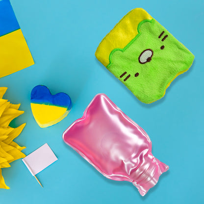 Green Kitty Small Hot Water Bag with Soft Cover – Portable Natural Rubber Heat Therapy Bottle for Pain Relief, Menstrual Cramps, Neck, Shoulder, Back and Hand Warmer