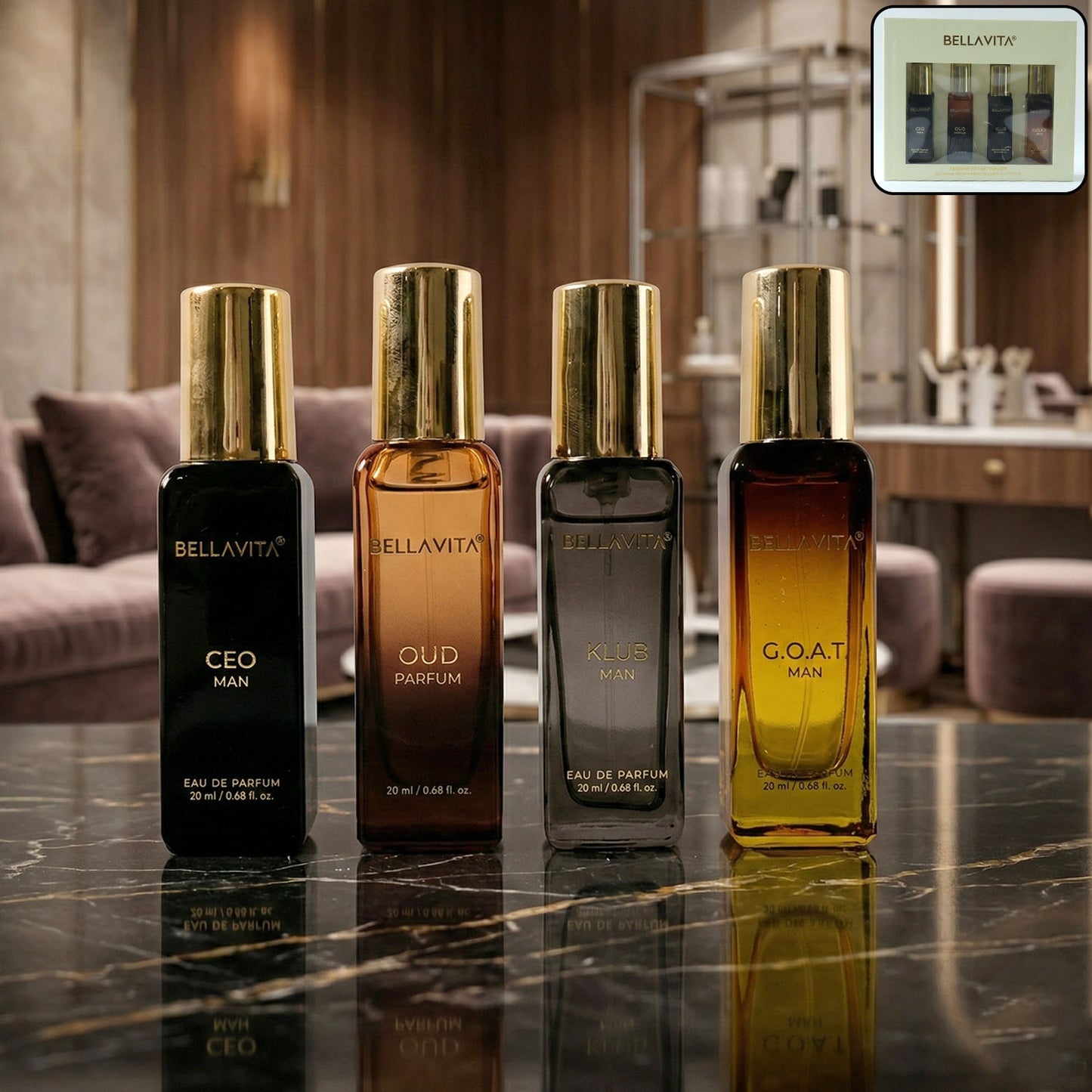 Bellavita Mens Luxury Perfume Gift Set - 4 Pc 20 ML Each