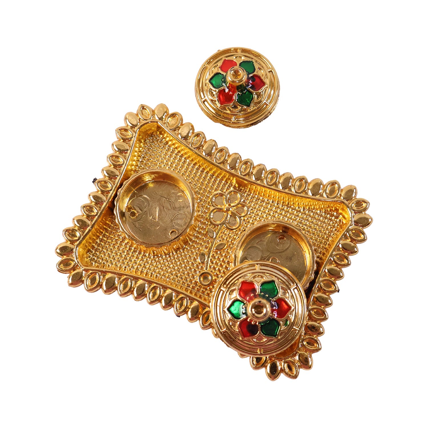 Meenakari Kumkum Holder Golden Metal Double Compartment Pooja Box with Floral Lid for Kumkum Haldi Roli Chandan and Akshat (1 Pc)