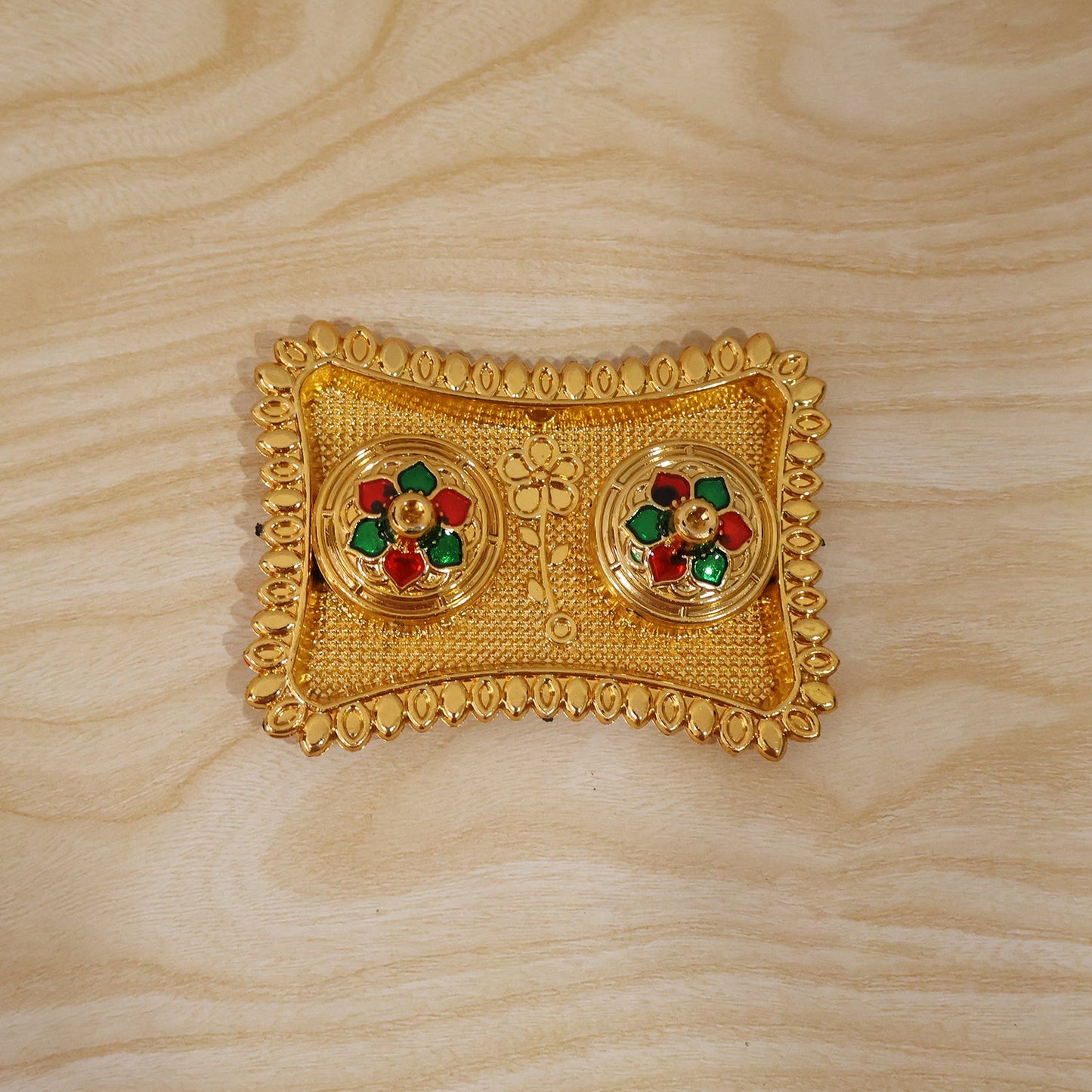 Meenakari Kumkum Holder Golden Metal Double Compartment Pooja Box with Floral Lid for Kumkum Haldi Roli Chandan and Akshat (1 Pc)