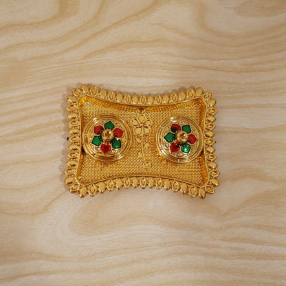 Meenakari Kumkum Holder Golden Metal Double Compartment Pooja Box with Floral Lid for Kumkum Haldi Roli Chandan and Akshat (1 Pc)