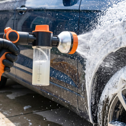 Adjustable Hose Spray Nozzle with Foam Soap Bottle | Multi-Pattern Water Spray Gun for Car Washing, Garden Watering and Outdoor Cleaning