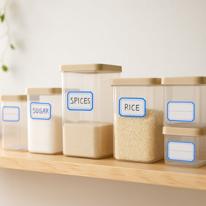 Multipurpose Writable Storage & Organizer Label Stickers Sheets for Kitchen Containers, Jars, Bottles, Office Files and Home – Self-Adhesive (5 Sheets Set)