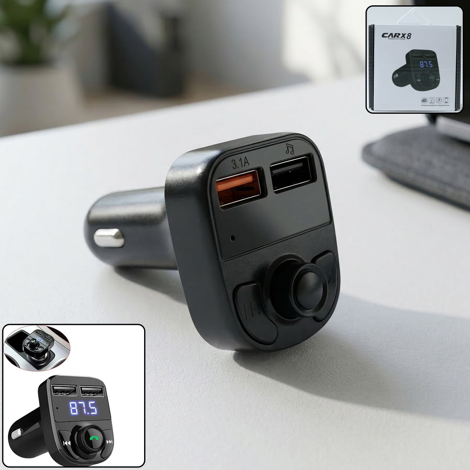 Wireless Car FM Transmitter with Dual USB Fast Charging Bluetooth Handsfree Calling Music Player LED Display and Control Knob (1 Pc)