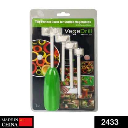 Veg Drill Vegetable Spiralizer and Corer Tool – Stuffed Vegetable Digging and Hollowing Kit with 4 Interchangeable Drill Heads