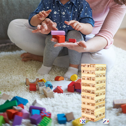 Wooden Tumbling Tower Game - 54 Numbered Blocks with 2 Dice – Classic Family Tabletop Stacking Game (Kids & Adults)