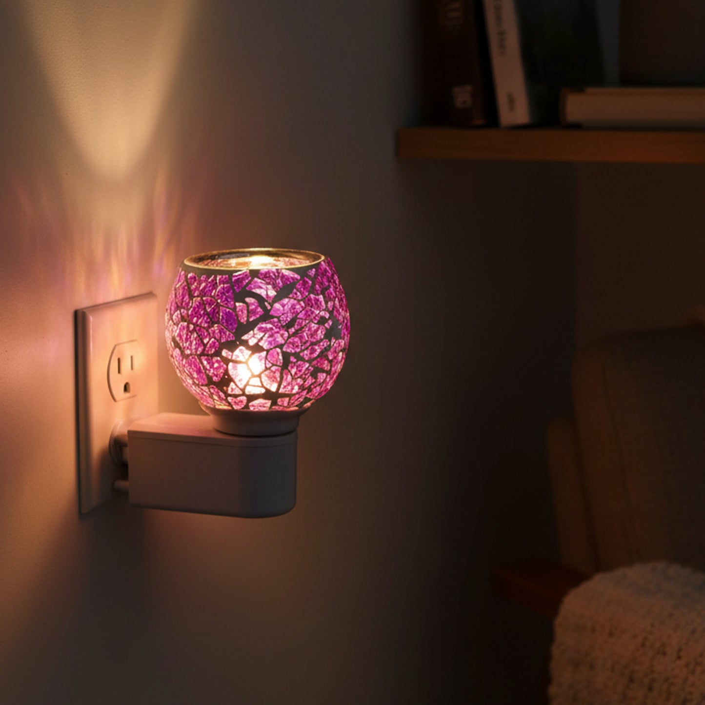 Premium Plug In Mosaic Glass Aroma Diffuser Night Lamp with Purple Crackle Globe Electric Fragrance Oil Burner for Home Bedroom Living Room