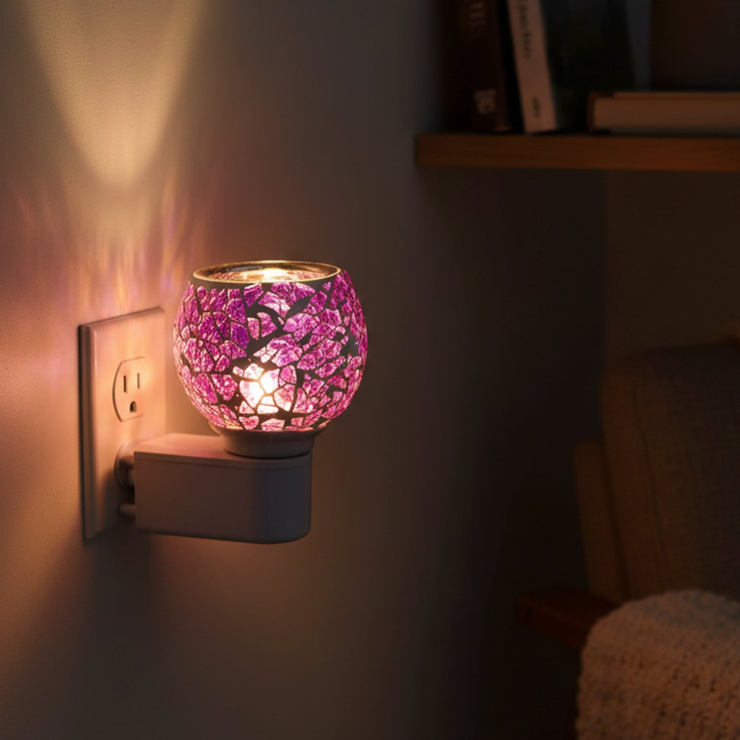 Premium Plug In Mosaic Glass Aroma Diffuser Night Lamp with Purple Crackle Globe Electric Fragrance Oil Burner for Home Bedroom Living Room