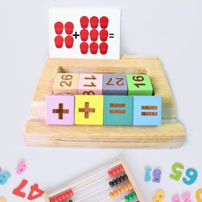 Wooden Math Time for Kids Educational Math Card Game with Number Blocks and Flashcards for Addition and Subtraction Learning