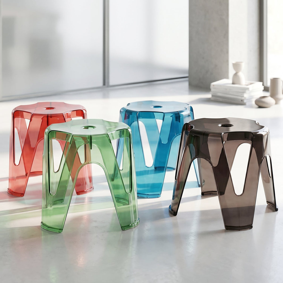 Transparent Plastic Sitting Stool Set of 4 Strong Durable Stackable Stool Multipurpose Seat for Home Bathroom Kitchen Garden Living Room and Outdoor Use (4 Pc Set)