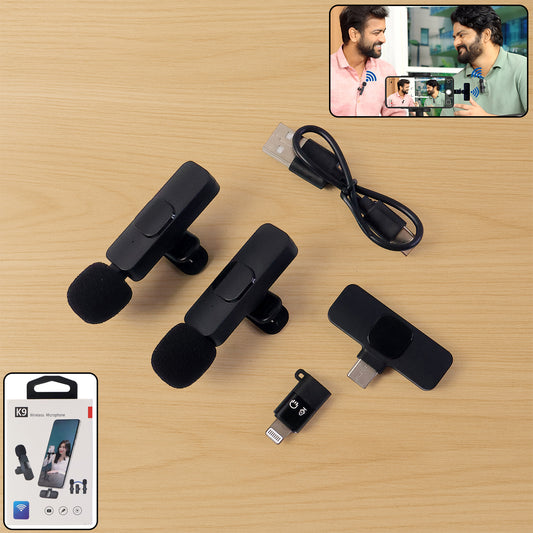 K9 Dual Wireless Microphone Set (2 Mic+1 Receiver) for Type-C & for iPhone – Rechargeable Clip-On Lavalier Mics for Clear Mobile Audio, Reels, Interviews &; Content Creation