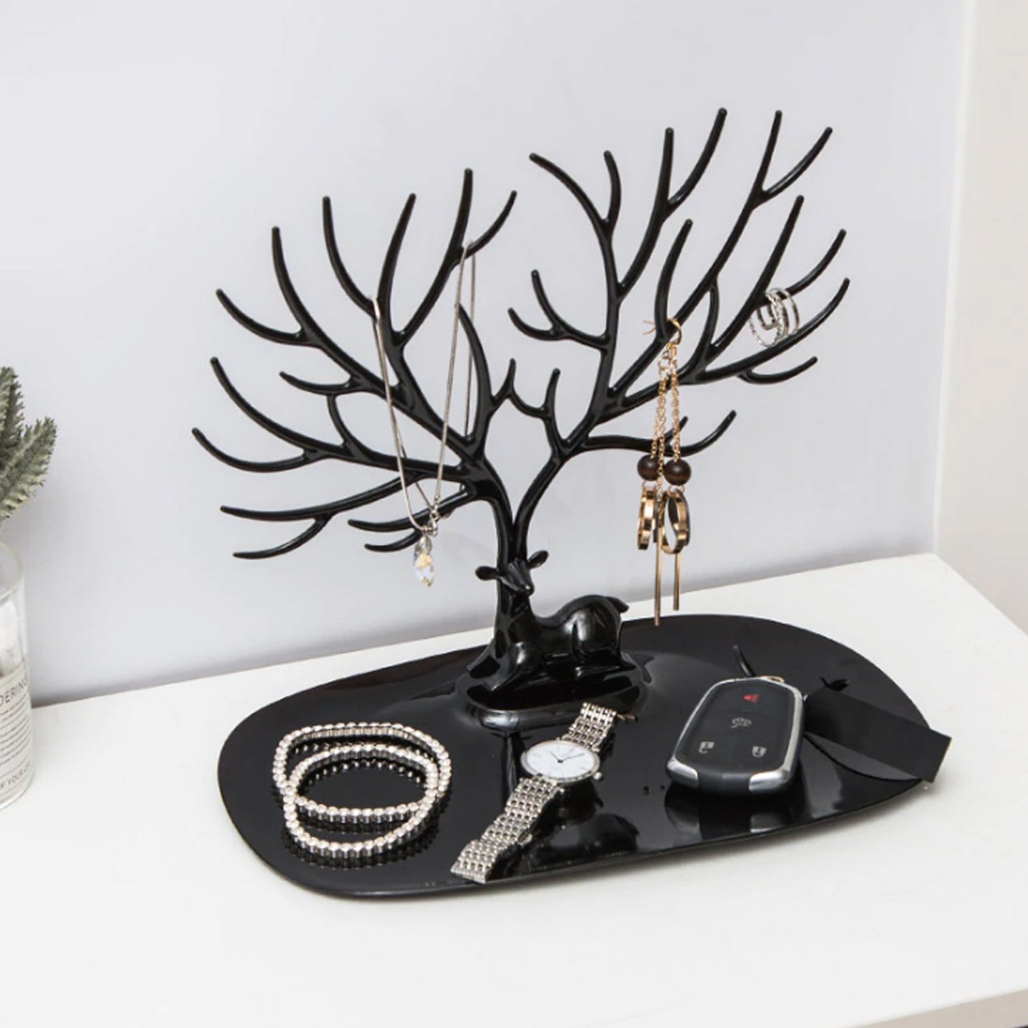 Deer Shaped Jewellery Display Holder | Necklace, Earring &amp; Ring Organizer Stand with Tray