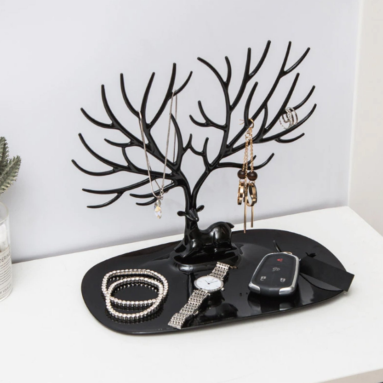 Deer Shaped Jewellery Display Holder | Necklace, Earring &amp; Ring Organizer Stand with Tray