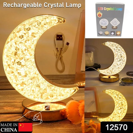 Crystal Moon Shape LED Table Lamp with Touch Control USB Rechargeable 3 Color Stepless Dimming Bedside Night Light for Bedroom Living Room and Home Decor (1 Piece)