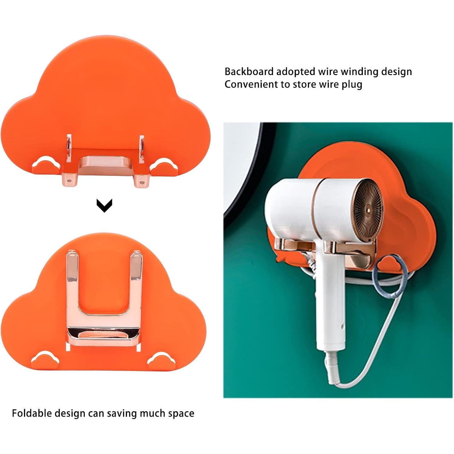 Foldable Hair Dryer Holder Wall Mounted Self Adhesive Hair Dryer Stand with Wire Storage Organizer for Bathroom, Salon and Home (1 Piece)
