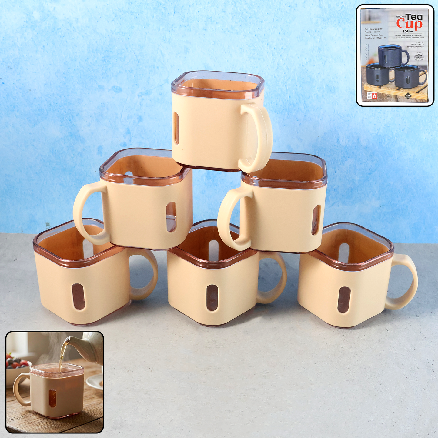 Premium Square Shape Tea Cup Set – 6-Piece Lightweight Unbreakable Cups for Tea, Coffee and Daily Use (150 ml Each)