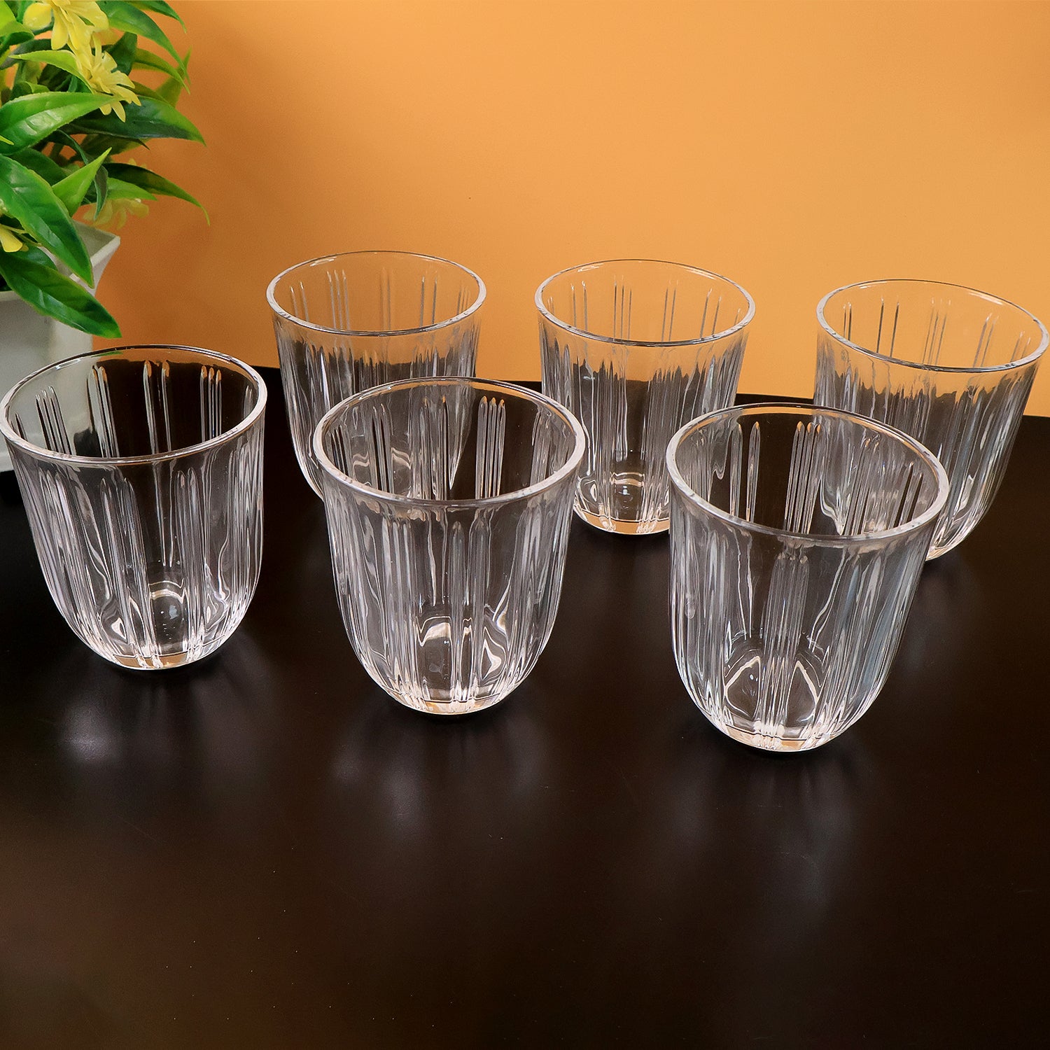 Premium Transparent Glass Tumbler Set – 6 Pcs Elegant Ribbed Design Drinking Glasses for Water, Juice and Beverages, Pure Glass – 256 ml Each