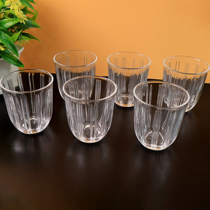 Premium Transparent Glass Tumbler Set – 6 Pcs Elegant Ribbed Design Drinking Glasses for Water, Juice and Beverages, Pure Glass – 256 ml Each