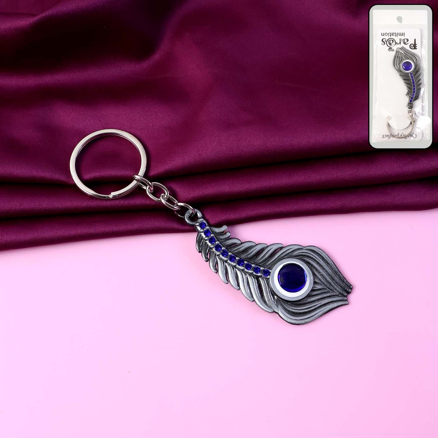 Elegant Metal Peacock Feather Keychain – Stylish Silver-Toned Key Ring with Blue Gem Design for Car, Bike, Home and Office Keys (1 Pc)