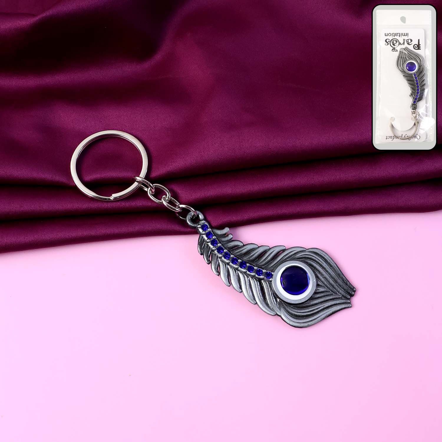 Elegant Metal Peacock Feather Keychain – Stylish Silver-Toned Key Ring with Blue Gem Design for Car, Bike, Home and Office Keys (1 Pc)