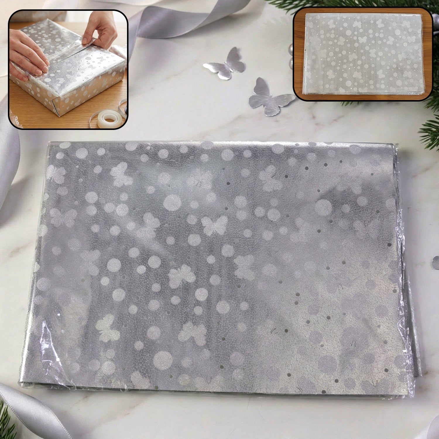 Decorative Silver Gift Wrapping Paper Sheets with Butterfly and Polka Dot Design | Premium Gift Packing Paper for Presents, Hampers and Crafts | Approx. 20 Pieces