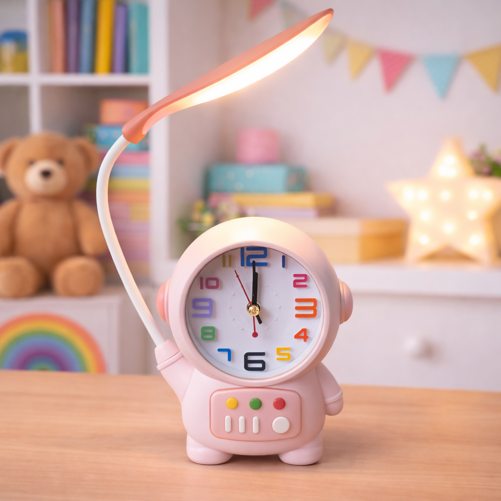 Astronaut LED Table Lamp with Built In Clock Flexible Study Desk Light for Kids Bedroom, Study Table and Bedside (1 Pc)
