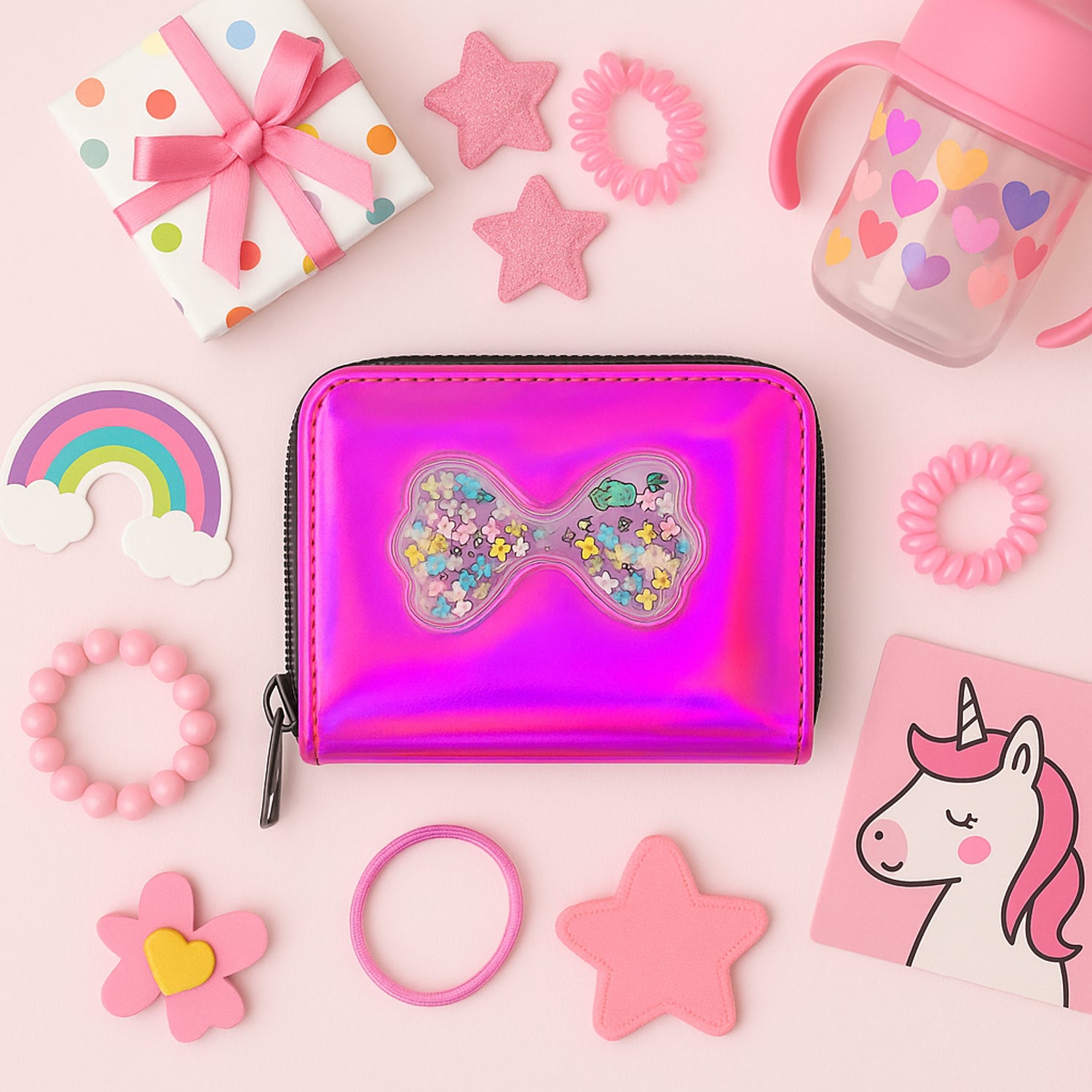 Vibrant Kids Wallet with Cute Bow-Shaped Floating Glitter Design – Trendy Zip Closure Wallet for Girls, School & Birthday Gift Accessory (1 Pc)