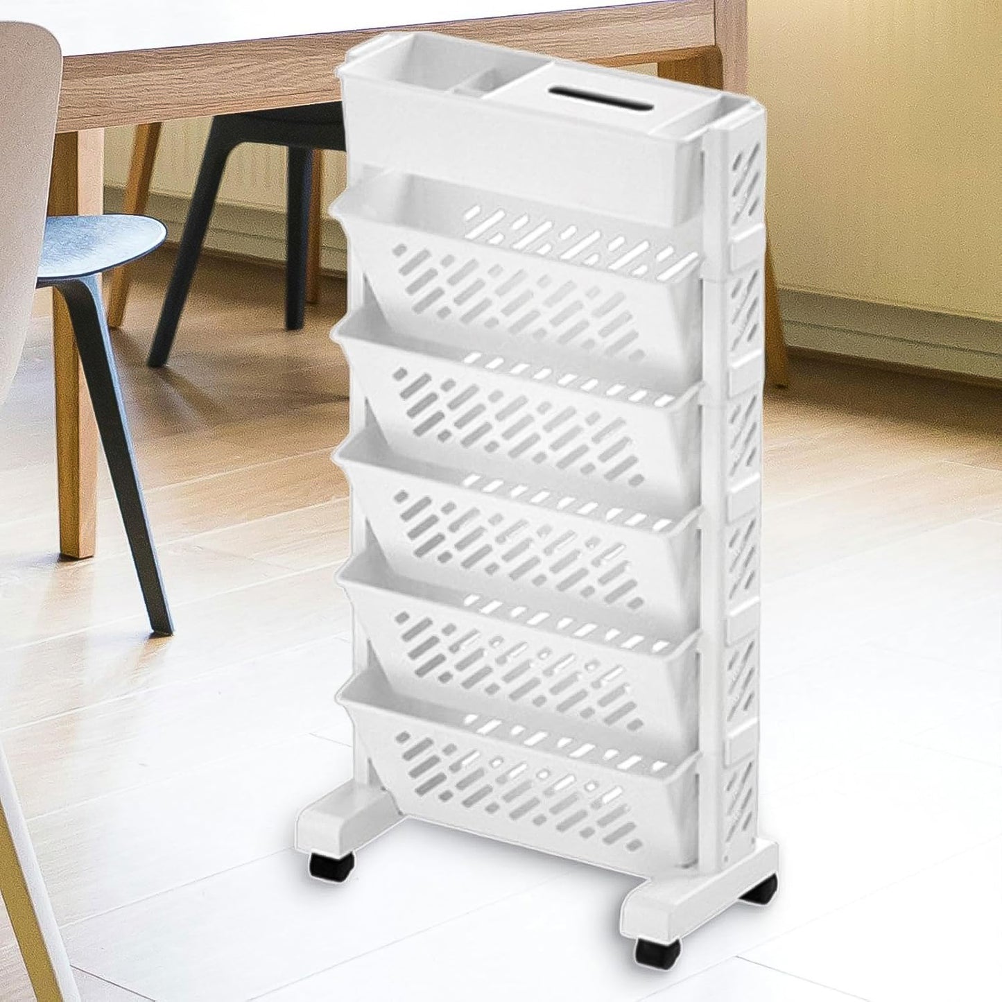 5 Tier Rotating Plastic Bookshelf with Wheels – Mobile Storage Organizer Rack for Books, Toys, Office, Home and Study Room