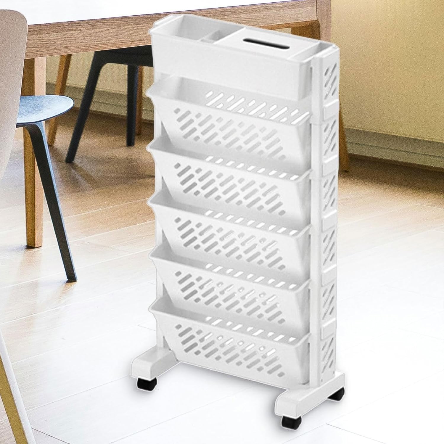 5 Tier Rotating Plastic Bookshelf with Wheels – Mobile Storage Organizer Rack for Books, Toys, Office, Home and Study Room