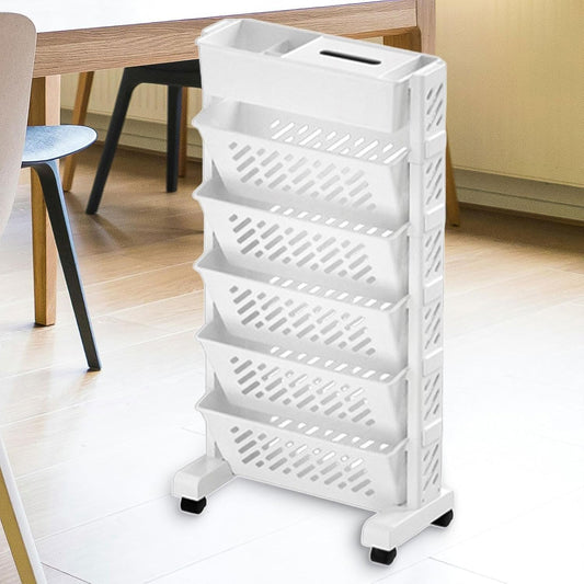 5 Tier Rotating Plastic Bookshelf with Wheels – Mobile Storage Organizer Rack for Books, Toys, Office, Home and Study Room