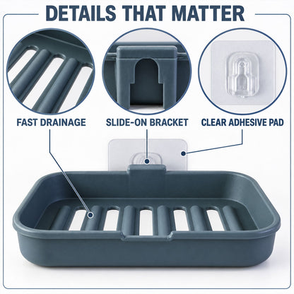 Wall Mounted Plastic Soap Dish With Drainage And Adhesive Hooks - Apex(2 Pc Set)