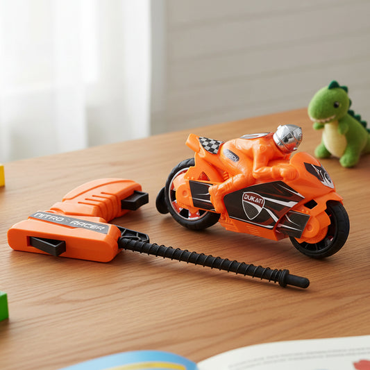 Launcher Bike Racing Toy for Kids with Manual Pull Launcher High Speed Racing Motorcycle Toy for Indoor and Outdoor Play (1 Set)