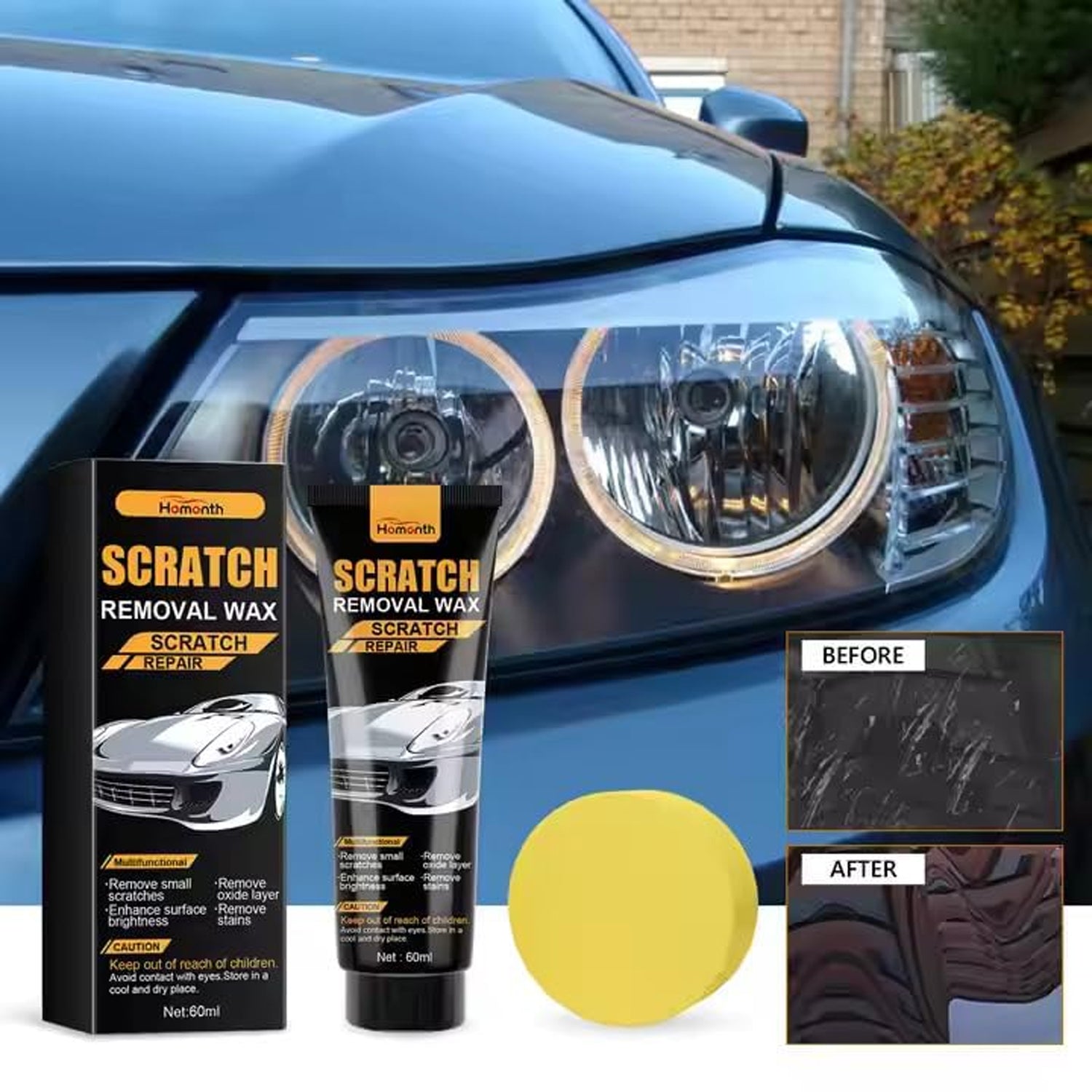 Car Scratch Removal Wax, 60 ml Scratch Repair and Surface Restorer with Sponge Applicator for Removing Scratches, Stains and Oxidation (1 Set)