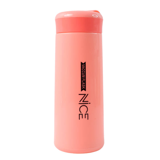 Plastic Vacuum Flask Bottle - Pink (400 ML) | Double Wall Insulated Hot & Cold Travel Water Bottle with Carry Strap