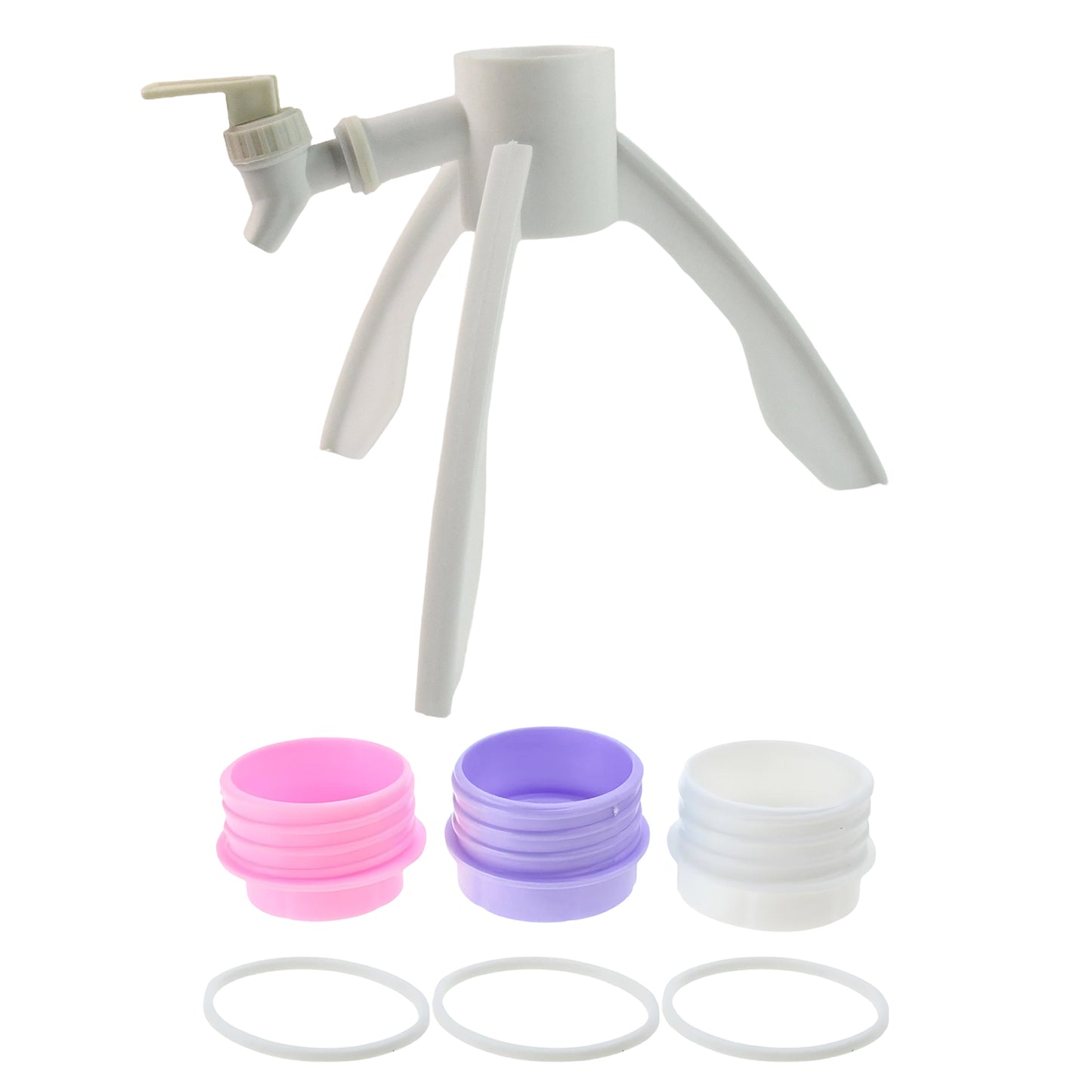 Universal Plastic Drinking Water Dispenser Stand with Tap for 5L to 20L Water Bottles and Jars Foldable Tripod Base with Leakproof Nozzle and Multi Cap Adapters (1 Set)