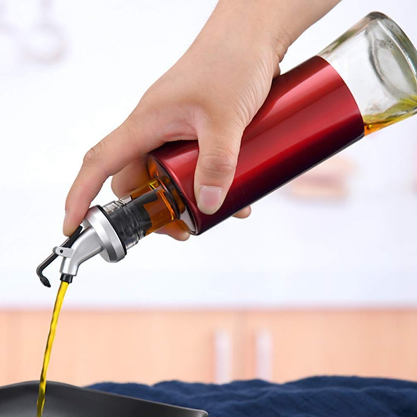 Glass Oil Dispenser with Plastic Covering, Oil and Vinegar Bottle, Multicolour with Golden Pour Spout (300 ml)